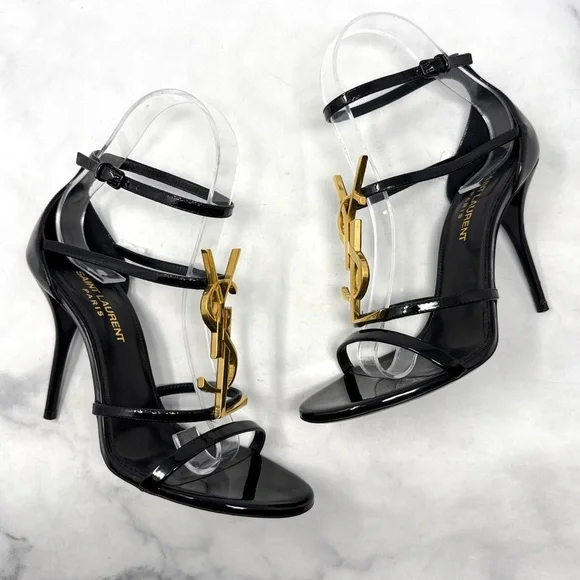 Saint Laurent YSL Cassandra Patent Leather Strappy Sandal Heels Black Gold 36.5 - Picture 3 of 16